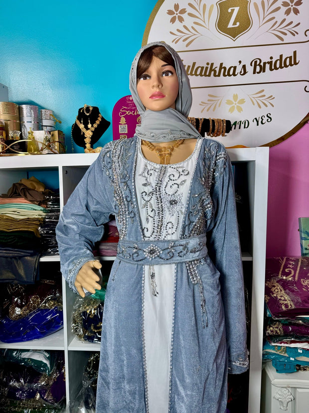 Sara Luxury Crystal Velvet Abaya - Grey Silver - Zulaikha’s Bridal