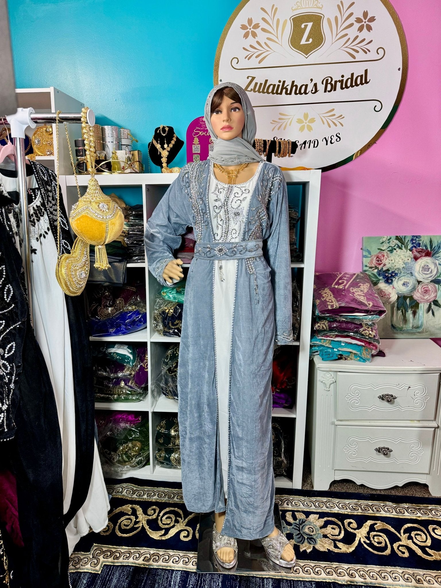 Sara Luxury Crystal Velvet Abaya - Grey Silver - Zulaikha’s Bridal