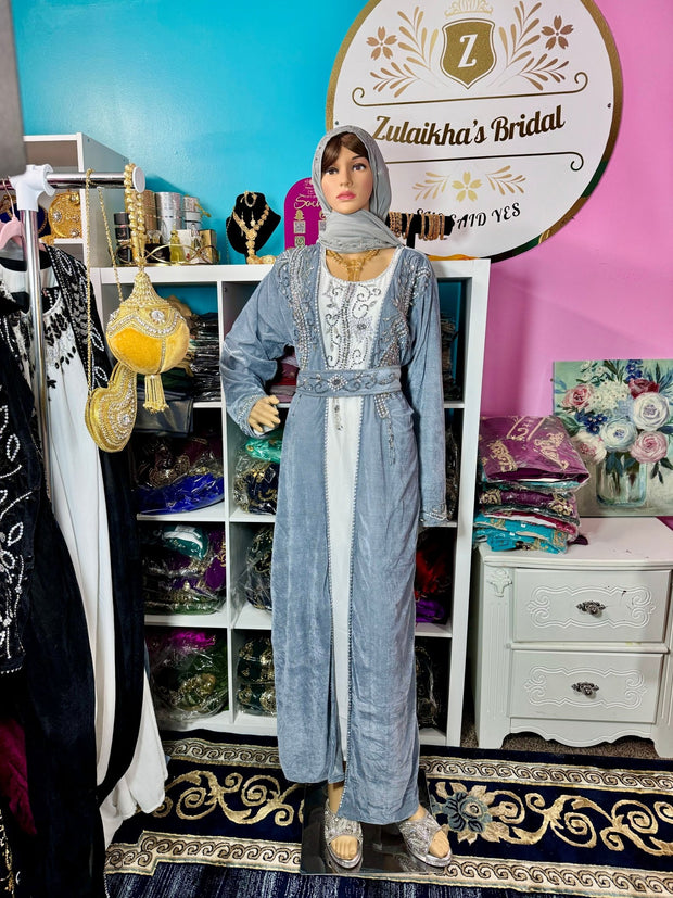 Sara Luxury Crystal Velvet Abaya - Grey Silver - Zulaikha’s Bridal