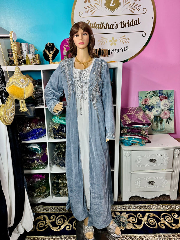 Sara Luxury Crystal Velvet Abaya - Grey Silver - Zulaikha’s Bridal