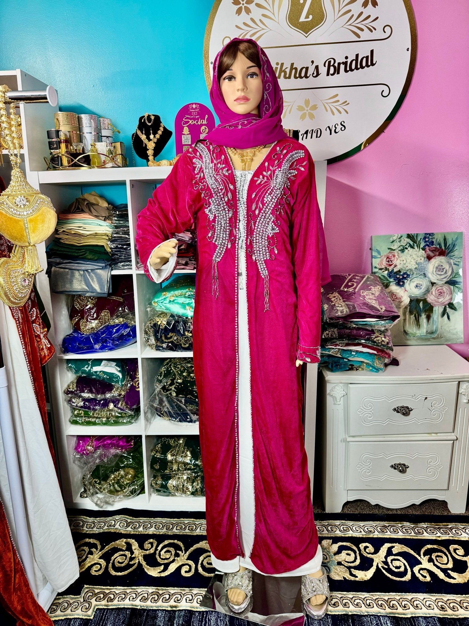 Sara Luxury Crystal Velvet Abaya - Hot Pink - Zulaikha’s Bridal