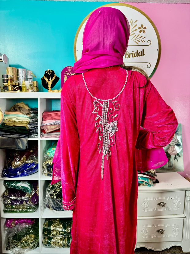 Sara Luxury Crystal Velvet Abaya - Hot Pink - Zulaikha’s Bridal