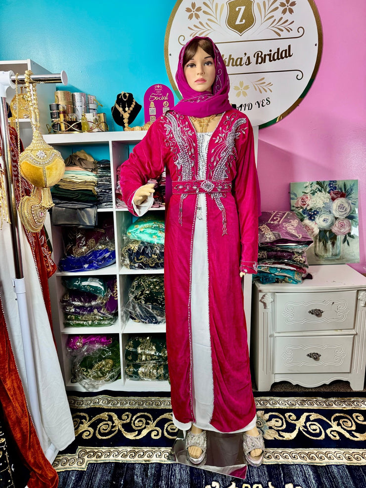 Sara Luxury Crystal Velvet Abaya - Hot Pink - Zulaikha’s Bridal