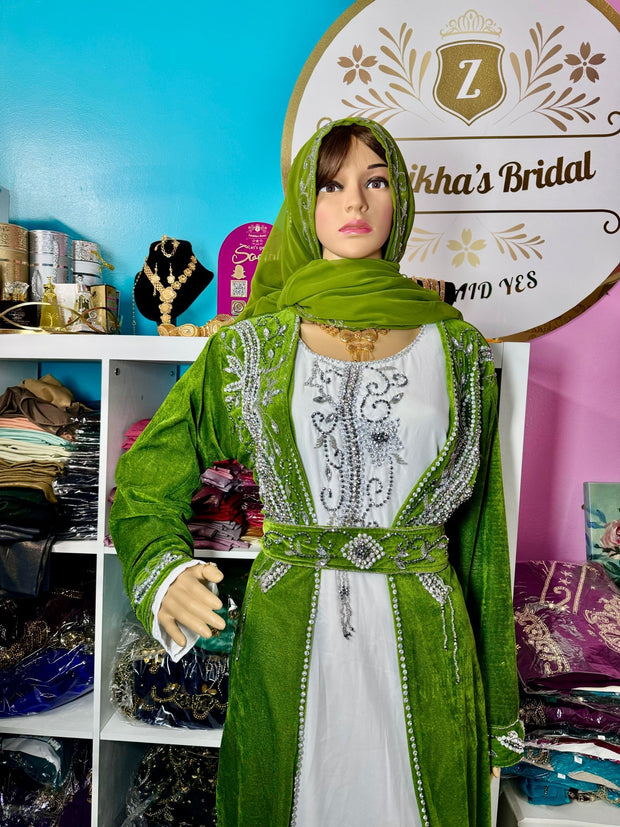 Sara Luxury Crystal Velvet Abaya - Olive - Zulaikha’s Bridal