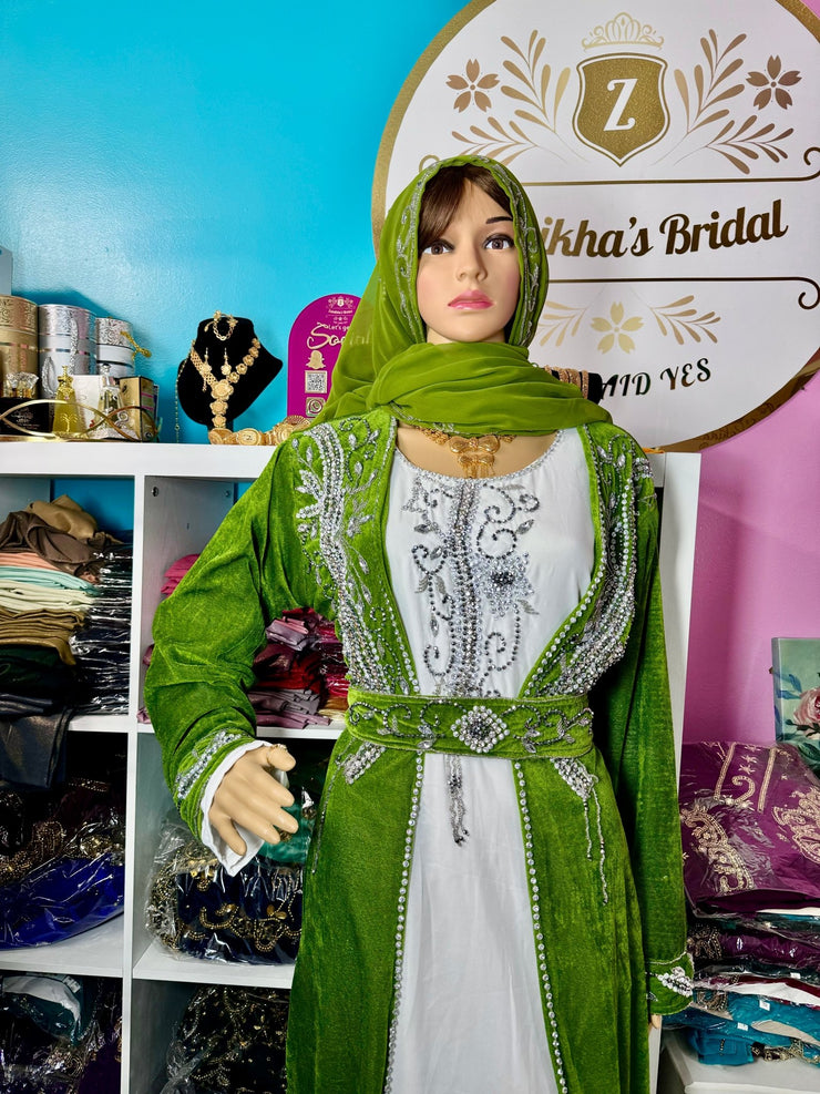 Sara Luxury Crystal Velvet Abaya - Olive - Zulaikha’s Bridal