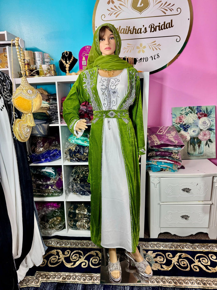 Sara Luxury Crystal Velvet Abaya - Olive - Zulaikha’s Bridal