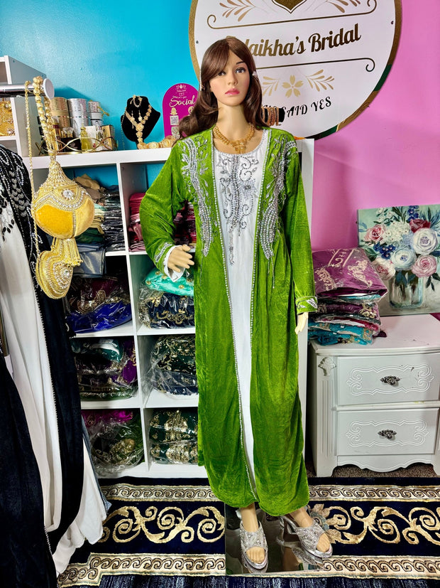 Sara Luxury Crystal Velvet Abaya - Olive - Zulaikha’s Bridal