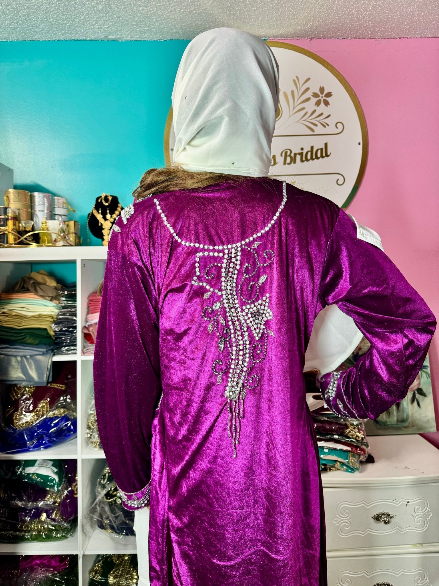 Sara Luxury Crystal Velvet Abaya - Purple - Zulaikha’s Bridal