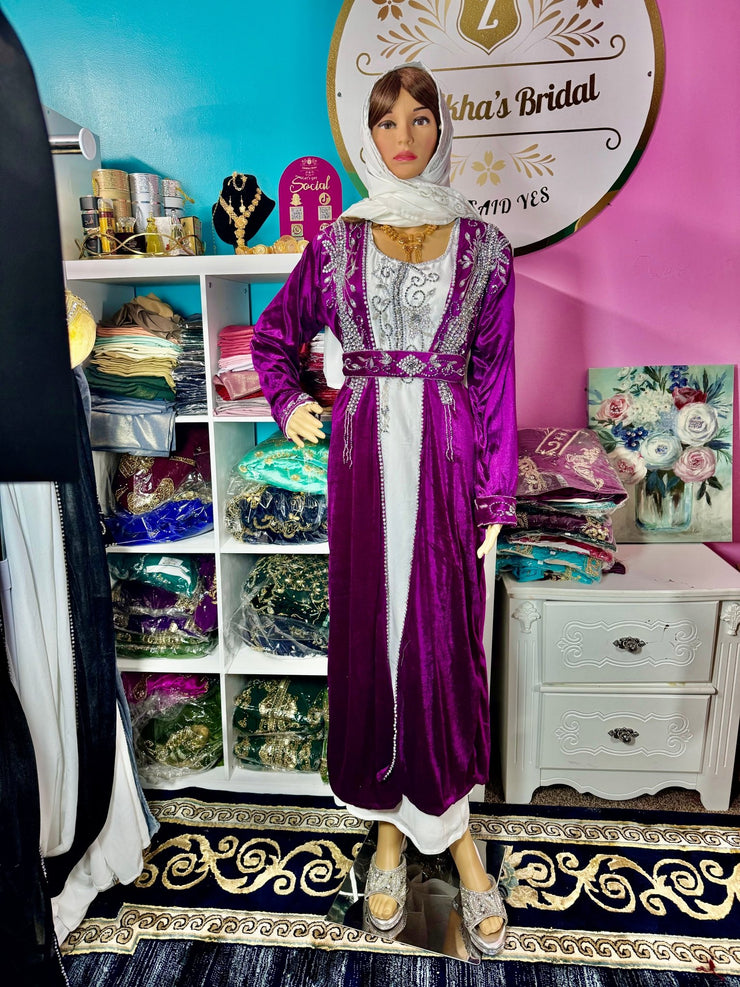 Sara Luxury Crystal Velvet Abaya - Purple - Zulaikha’s Bridal