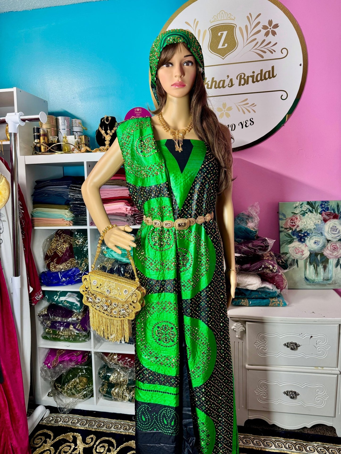 Somali Heritage Crystal Shaash Set - Green & Black - Zulaikha’s Bridal