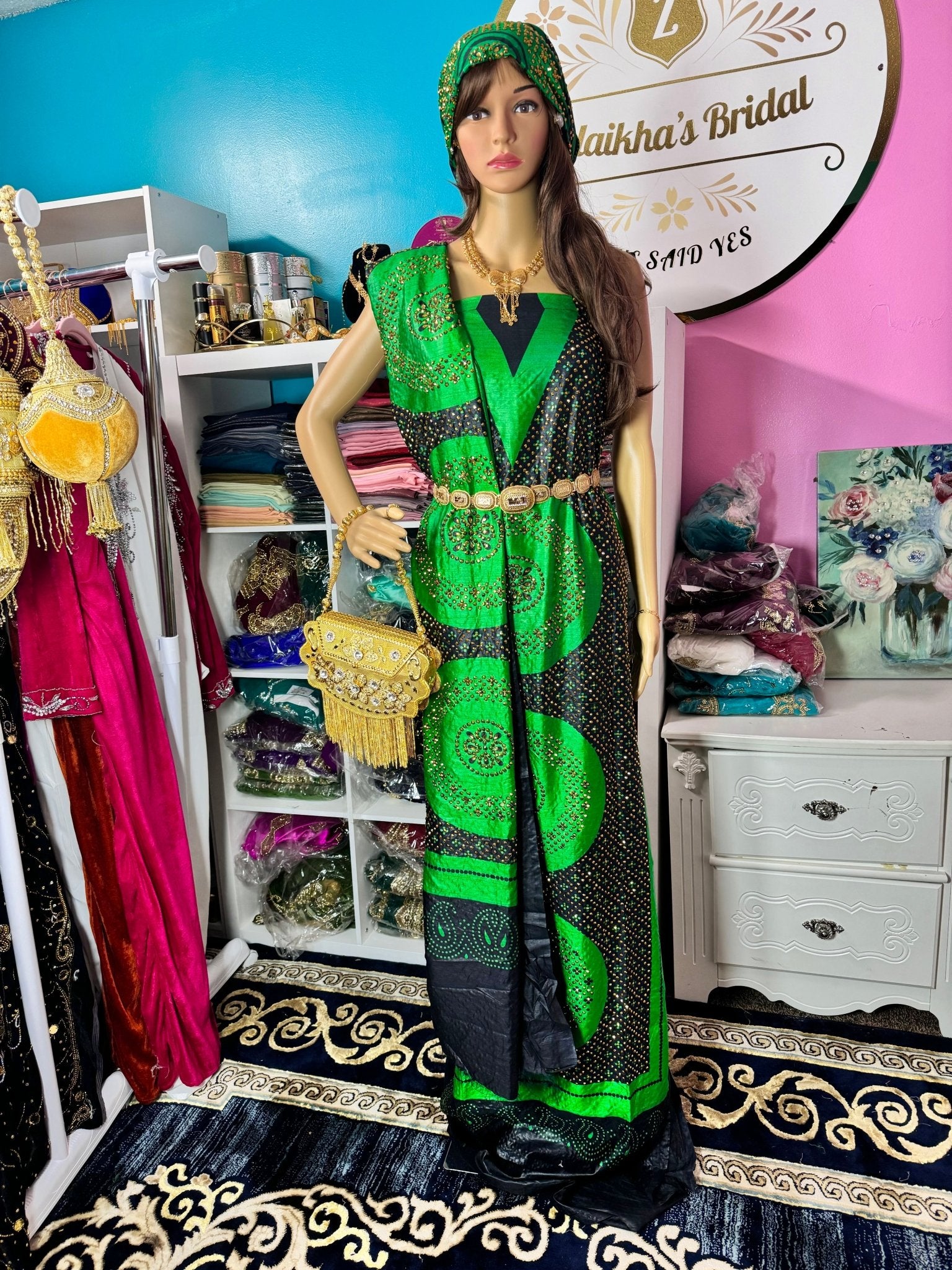 Somali Heritage Crystal Shaash Set - Green & Black - Zulaikha’s Bridal