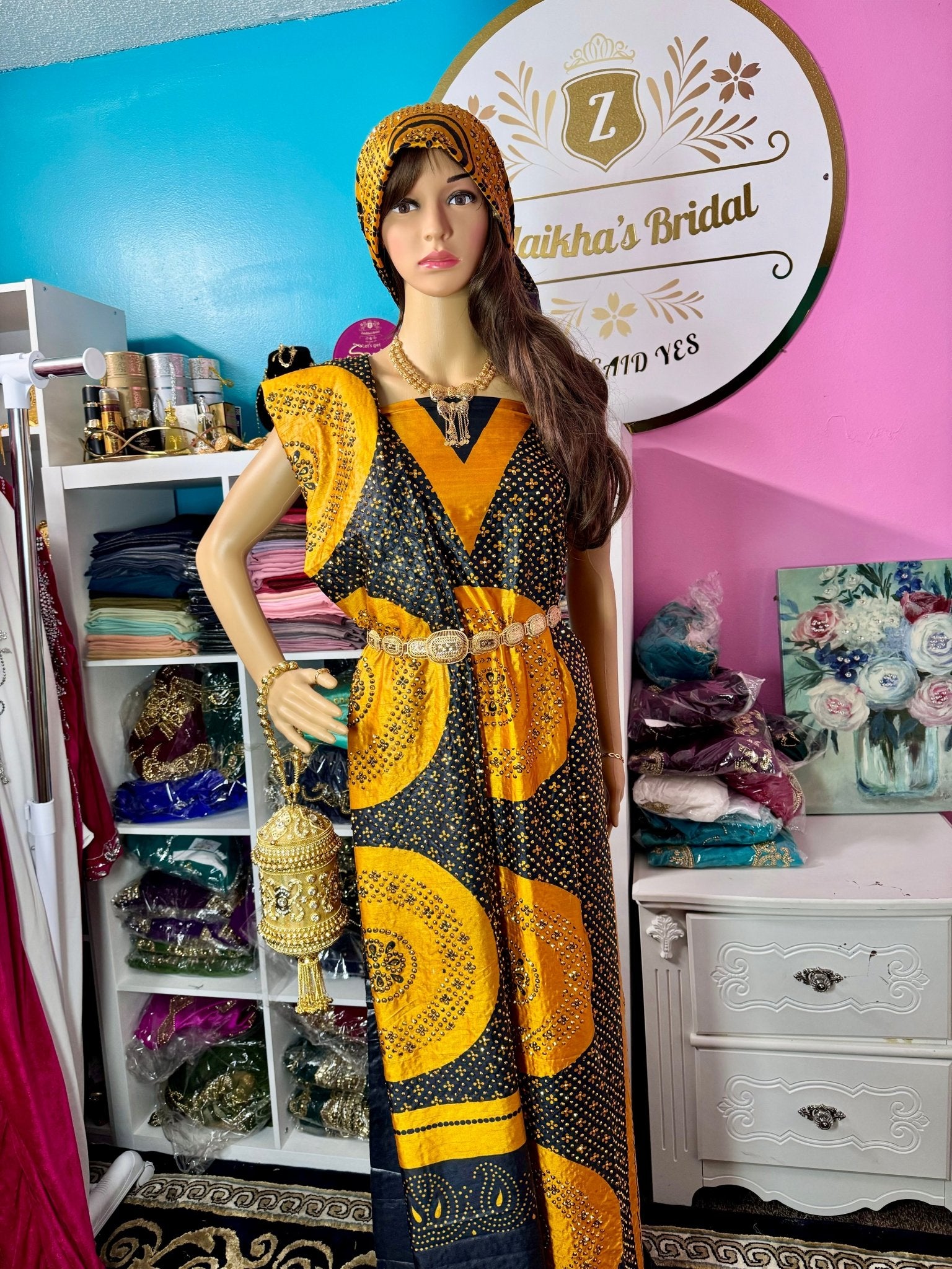 Somali Heritage Crystal Shaash Set - Yellow & Black - Zulaikha’s Bridal