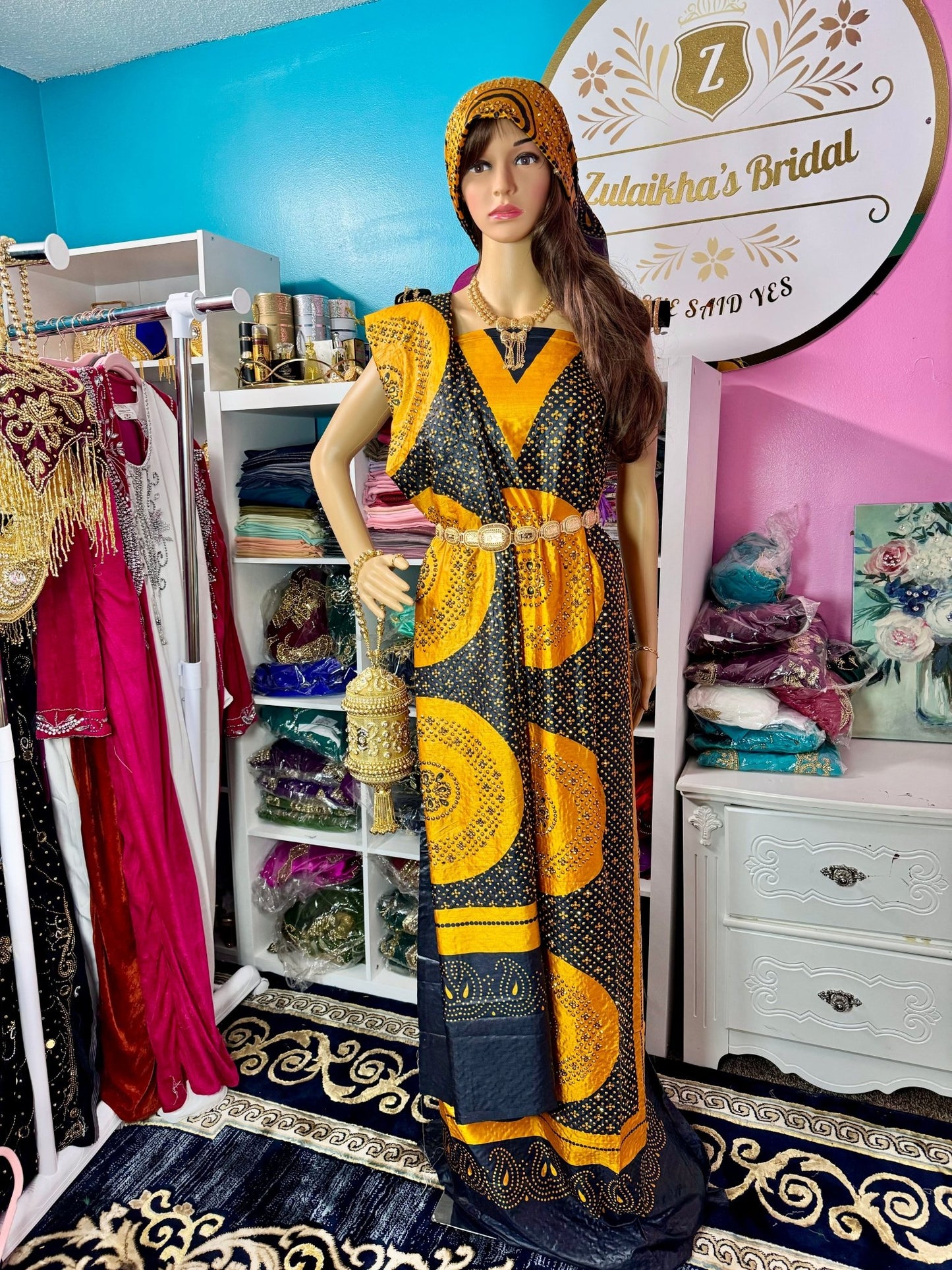 Somali Heritage Crystal Shaash Set - Yellow & Black - Zulaikha’s Bridal