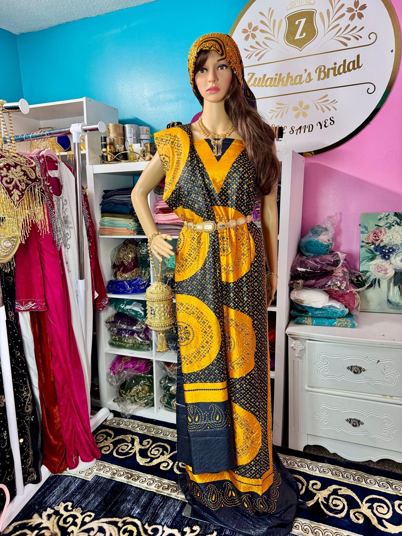 Somali Heritage Crystal Shaash Set - Yellow & Black - Zulaikha’s Bridal