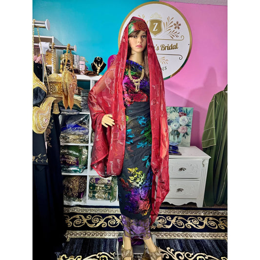 Somali Luxury Maqmal Velvet Dirac Black Red - Zulaikha’s Bridal